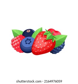 A handful of berries. Set of berries in cartoon flat style. Strawberry, raspberry, blueberry, blackberry, cherry. Isolated composition. 