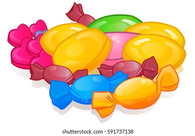 a handful of candy in wrappers and without a bunch of different colored candy cartoon vector illustration