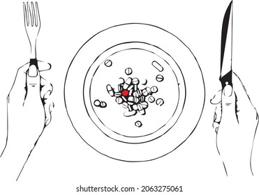 A handful of pills, capsules and  tablets on a plate next to cutlery. Taking medication. Pills instead of food. The concept of vitamins instead of food,red pill