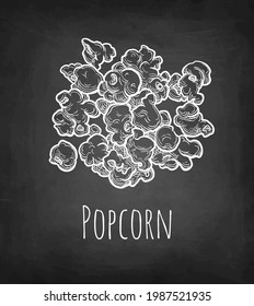 Handful of popcorn. Chalk sketch on blackboard background. Hand drawn vector illustration. Retro style.