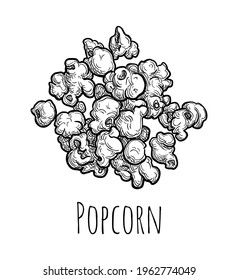 Handful of popcorn. Ink sketch isolated on white background. Hand drawn vector illustration. Retro style.