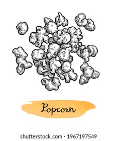 Handful of popcorn. Ink sketch isolated on white background. Hand drawn vector illustration. Retro style.