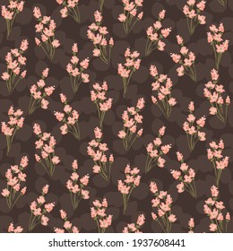 A handful of pretty hand-painted flowers in pink and green over rock-shaped color blocks in brown. Floral seamless vector pattern. Great for home decor, fabric, wallpaper, gift-wrap, stationery, etc.