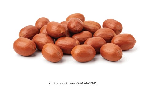 Um punhado de amendoins crus sem conchas, peles lisas avermelhadas, espalhadas naturalmente através de um fundo branco puro
