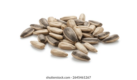 A Handful of Raw Sunflower Seeds Scattered Loosely on a Clean White Background, Smooth Texture, Sharp Focus, Natural Colors