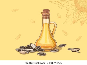 A handful of sunflower seeds near a carafe with oil. Elements for creating posters or advertising for a farm, a health food store. Vegetarian ingredients for cooking. Background with a pattern.