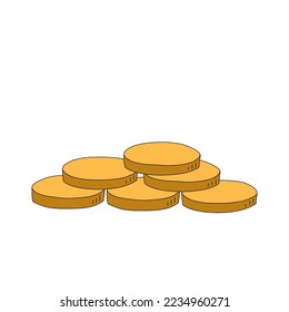 A handful of yellow coins on a white background. Hand-drawn vector illustration
