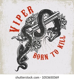 pistola con serpiente. Viper. Elemento de diseño para afiche, camiseta, tarjeta. Ilustración del vector