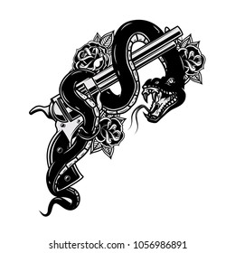 Handgun with snake. Viper. Design element for poster, t shirt, card. Vector illustration