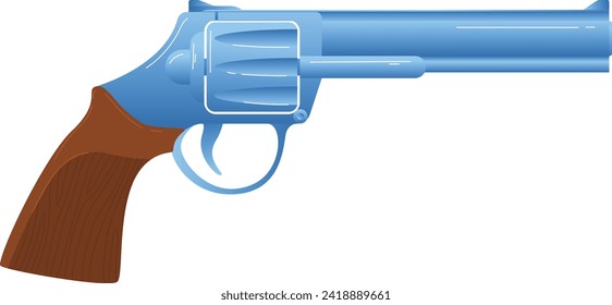 Ilustración vectorial de arma de fuego que muestra una vista lateral de una pistola azul semiautomática con un agarre marrón. Elemento de diseño de armas y armas de fuego.