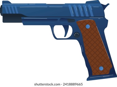 Ilustración vectorial de arma de fuego que muestra una vista lateral de una pistola azul semiautomática con un agarre marrón. Elemento de diseño de armas y armas de fuego.