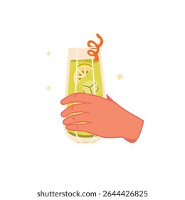 a hand-held alcoholic drink in a tall glass. a refreshing summer appetizer garnished with mint leaves and orange