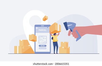 handheld barcode scanner and a woman holding a box. vector illustration