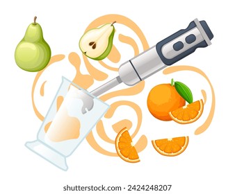 Handheld blender with fresh pear and orange household electrical kitchen equipment for blending and mixing vector illustration isolated on white background