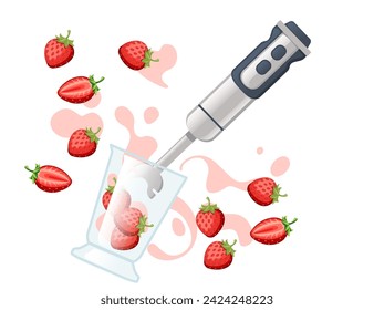 Handheld blender with fresh strawberry household electrical kitchen equipment for blending and mixing vector illustration isolated on white background
