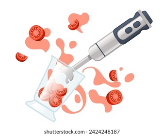 Handheld blender with fresh tomato household electrical kitchen equipment for blending and mixing vector illustration isolated on white background