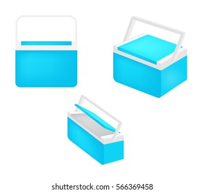 Handheld blue refrigerator isolated over white background. cooler