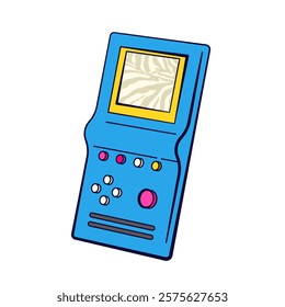 Handheld blue tetris icon or brick game isolated vector. Retro old gamepad or portable arcade. 90s plastic toy for gaming. Childhood and nostalgia electronic puzzle. Player and gamer screen. Pop art.