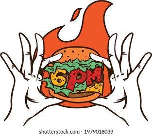 Hand-held burger illustration for t-shirt merchandise posters and stickers