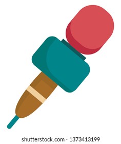 A hand-held colorful reporter microphone in red blue and brown colors with a mic rectangular in shape is wireless vector color drawing or illustration 