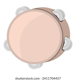 Hand-held compact percussion instrument Tambourine. Folklore instrument of different countries. Light color tambourine with double metal plates. Flat drawing style. Isolated on a white background.