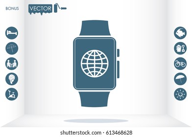 hand-held electronic clock and globe icon vector