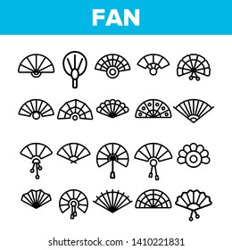 Handheld Elegant Fans Vector Linear Icons Set. Ancient Women Foldable Fans Outline Symbols Pack. Japanese Traditional Festival Accessory. Chinese Classic Souvenir Isolated Contour Illustrations