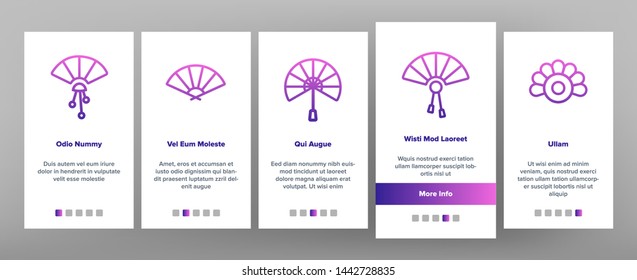 Handheld Elegant Fans Vector Onboarding Mobile App Page Screen. Ancient Women Foldable Fans Outline Symbols Pack. Japanese Traditional Festival Accessory. Chinese Classic Souvenir Illustrations