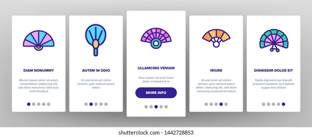 Handheld Elegant Fans Vector Onboarding Mobile App Page Screen. Ancient Women Foldable Fans Outline Symbols Pack. Japanese Traditional Festival Accessory. Chinese Classic Souvenir Illustrations