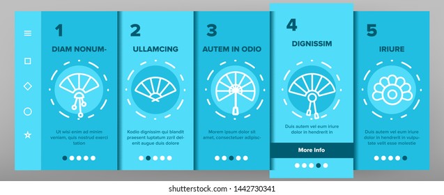 Handheld Elegant Fans Vector Onboarding Mobile App Page Screen. Ancient Women Foldable Fans Outline Symbols Pack. Japanese Traditional Festival Accessory. Chinese Classic Souvenir Illustrations