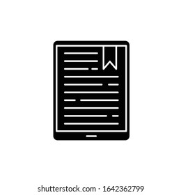 Handheld e-reader black glyph icon. E-book. Electronic book. Digital reading. Touchpad. Tablet. Display with text. Portable small gadget. Silhouette symbol on white space. Vector isolated illustration