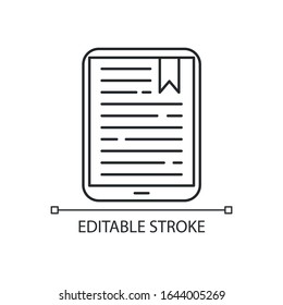 Icono lineal perfecto para el lector electrónico manual. Libro electrónico. Libro electrónico. Lectura digital. Tochpad. Ilustración personalizable en línea delgada. Símbolo de contorno. Dibujo de contorno aislado del vector. Trazo editable