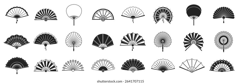 handheld fan black silhouettes Chinese Japanese paper folding hand fans traditions lassie decoration