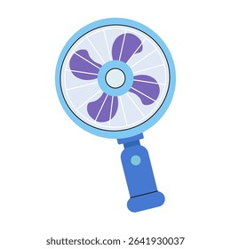 Handheld fan with a blue handle and purple blades used for cooling in hot weather