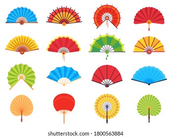 Handheld fan. Chinese or japanese paper ancient traditional fans, personal accessories and souvenirs flat vector set. Asian colorful cooling or folding hand fans of different shape