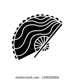 Handheld fan glyph icon. Indonesian handmade fabric. Balinese crafts and arts tradition. Decorated fan. Typical souvenir from Bali. Silhouette symbol. Negative space. Vector isolated illustration