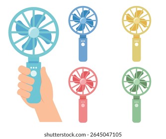 Handheld fan illustration set – portable mini fans in various colors