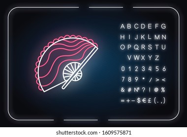 Handheld fan neon light icon. Indonesian handmade fabric. Balinese crafts and arts tradition. chalkfully decorated fan. Glowing sign with alphabet, numbers and symbols. Vector isolated illustration