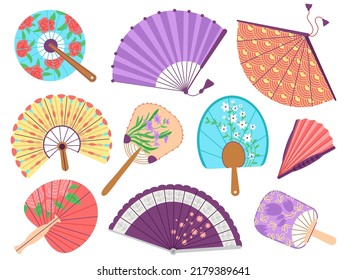 Handheld fan set. Japan yellow fans, asian souvenir collection. Colorful decorative fanning, chinese culture festival paper accessories decent vector clipart