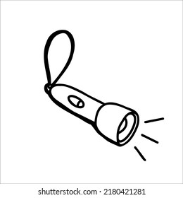 Handheld flashlight with button and rope. Hand drawn vector illustration. Element for greeting cards, posters, stickers and seasonal design. Isolated on white background.