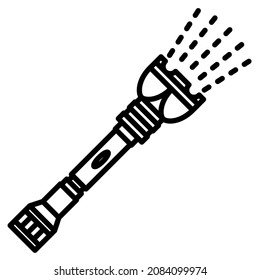 Linterna portátil con luz potente procedente de lámparas LED. Una linterna autónoma con un mango de metal largo. Para acampar, caminar, guardia de seguridad viajando afuera. Icono del vector, contorno, aislado.  Editab