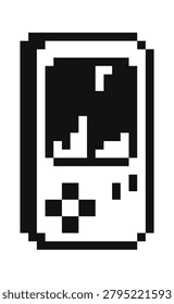 Handheld game console with d pad and buttons rendered in chunky pixels, retro device with blocky screen. Nostalgia, arcade fun, and vintage tech vibe for gaming culture. Cartoon vector illustration.