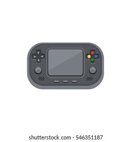 Handheld game console. Electronic game with the screen, buttons, adjustment slider. Cartoon vector icon.