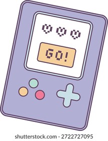 Console de jogo portátil inclinado com corações de pixel e botão GO, além de d pad e botões redondos em contorno. Símbolo de nostalgia, jogo retro, início e lazer. Ilustração de vetor de desenhos animados.