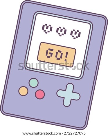 Handheld game console tilted with pixel hearts and GO button, plus d pad and round buttons in outline. Symbol of nostalgia, retro gaming, start, and leisure. Cartoon vector illustration.