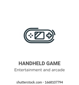 Icono vectorial de esquema de juego de mano. Icono de juego de mano negro en línea delgada, ilustración de elemento simple vector plano de entretenimiento editable y concepto de arcade trazos aislados en fondo blanco