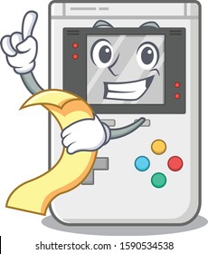 Handheld game Scroll cartoon character holding menu ready to serve