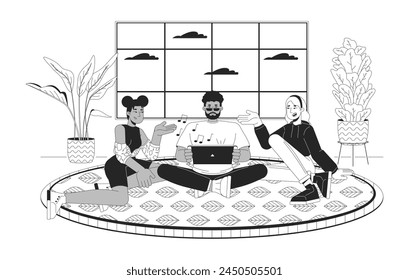 Handheld gaming console friends black and white cartoon flat illustration. Playing videogame together 2D lineart characters isolated. Technology in everyday life monochrome scene vector outline image