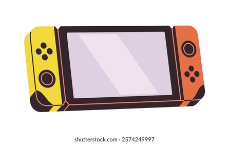 Handheld gaming console vector illustration with yellow and orange controllers, stylized design, isolated on a white background, concept of gaming device