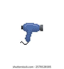 Handheld hair dryer pixel art icon. Design for logo, web, mobile app, sticker, badges and patches. Video game sprite. 8-bit. Isolated vector illustration.